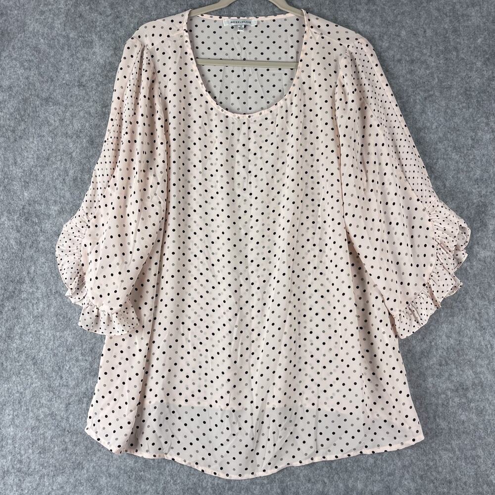 Rose Olive Tunic Top Woman Plus 1X Pink Polka Dot Ruffle 3/4 Sleeve Lightweight